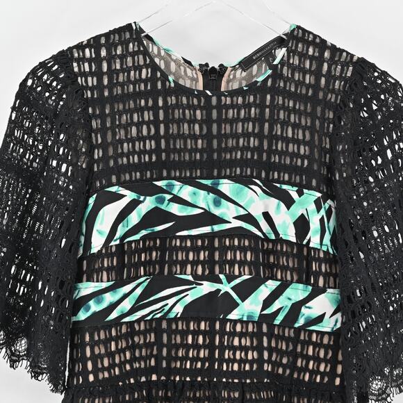 BCBGMAXAZRIA‎ Dress Sz 4 Layna Palms Print Black Teal Lace Trim Half Sleeve Mini - Picture 3 of 13